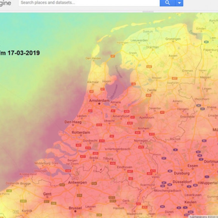 foto NO2 vergelijking 2019 – 2020 via Google Earth Engine van 14-17 maart